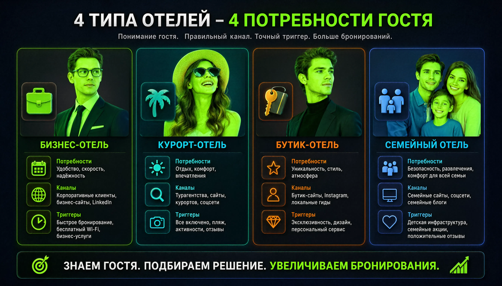 Сравнение портретов гостей для разных типов отелей: бизнес, курорт, бутик, семейный &mdash; потребности, каналы привлечения, триггеры бронирования.