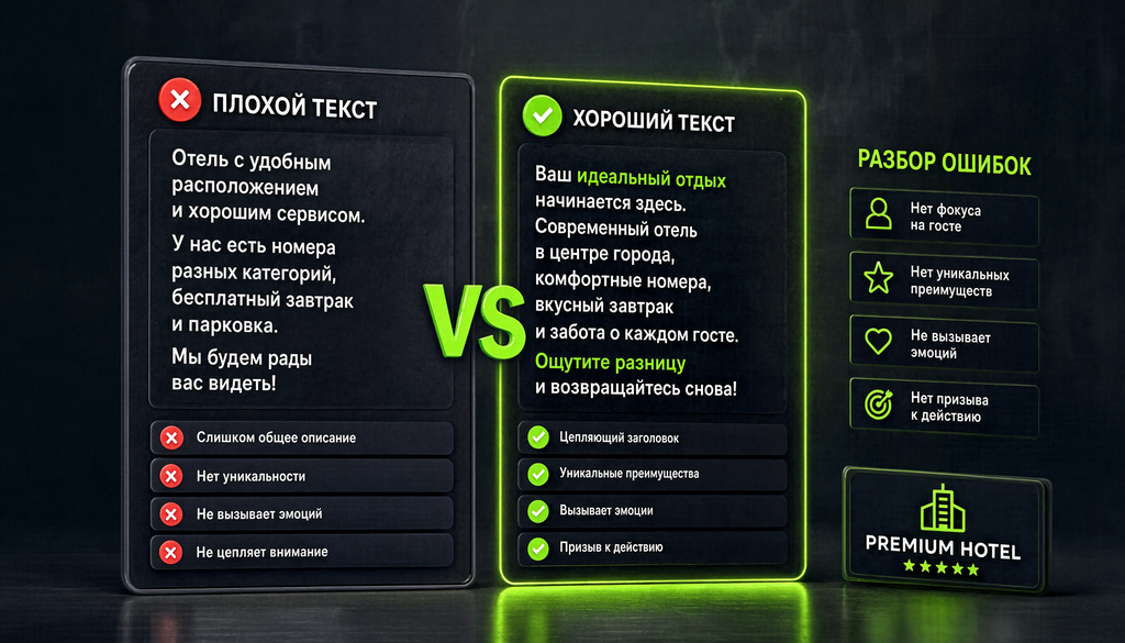 Сравнение хороших и плохих рекламных текстов для отеля до и после с разбором ошибок