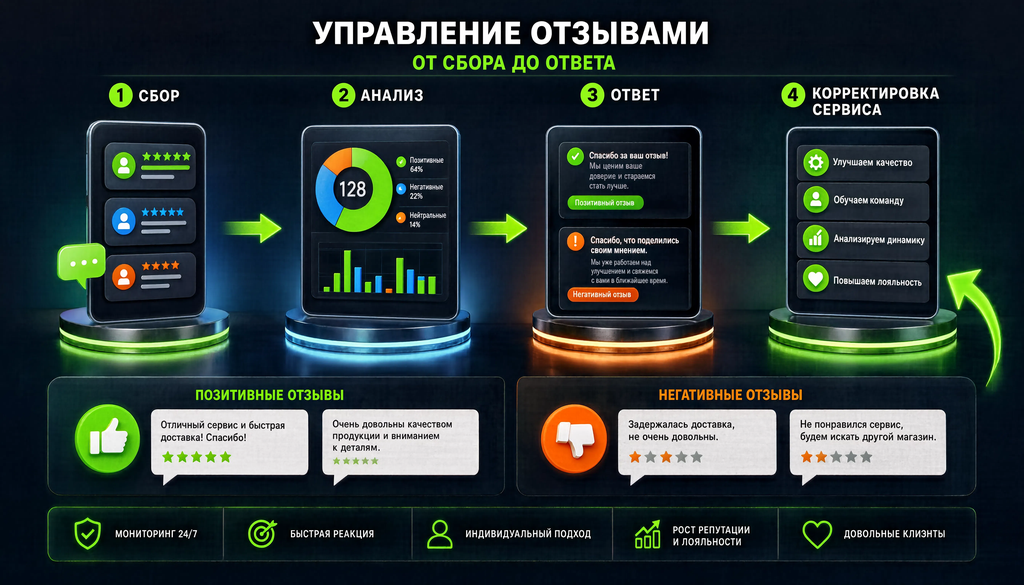 Инфографика схема работы с отзывами клиентов: сбор, анализ, ответ, корректировка сервиса для управления репутацией