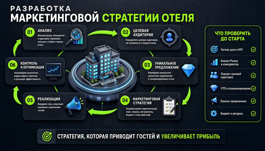 Пошаговая схема разработки маркетинговой стратегии отеля: 6 шагов от анализа до контроля с блоком проверки до старта