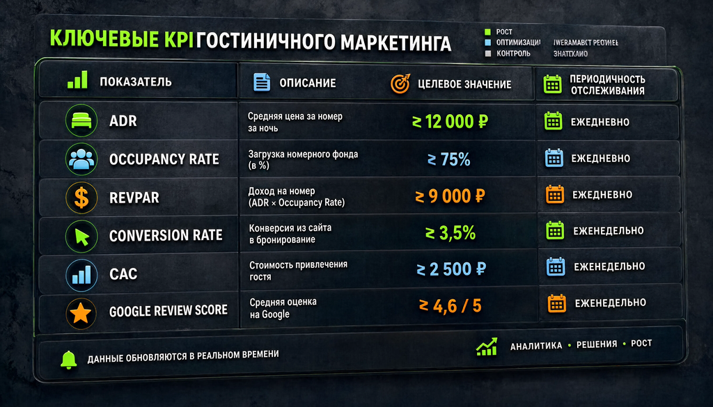 Таблица ключевых KPI гостиничного маркетинга с названиями, показателями, ориентирами и частотой отслеживания