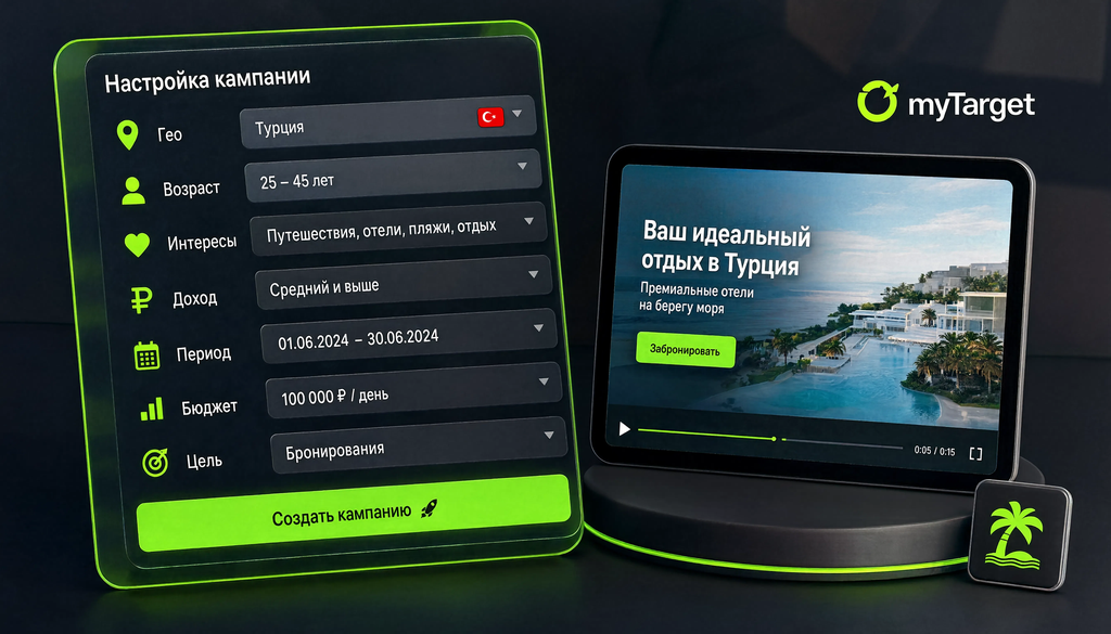 Настройка таргетированной кампании в VK myTarget для отеля в Турции: интерфейс рекламного кабинета с параметрами таргетинга и пример видеокреатива