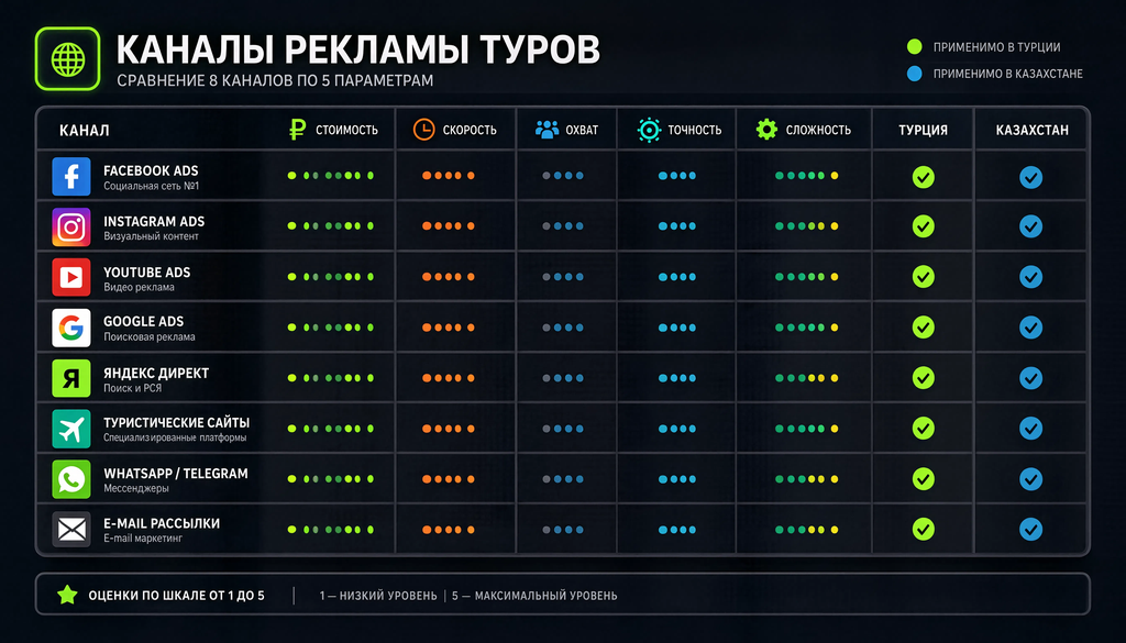 Сравнительная таблица каналов рекламы туров с оценкой по стоимости, скорости, охвату, точности и сложности, с отметками применимости для Турции и Казахстана.
