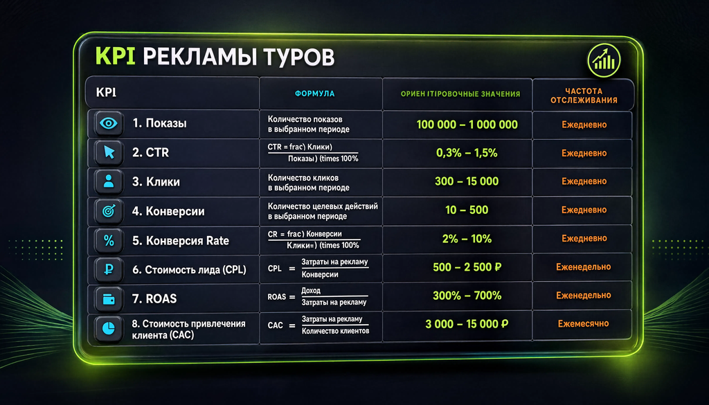 Таблица KPI рекламы туров с 8 метриками, формулами и шаблоном аналитики