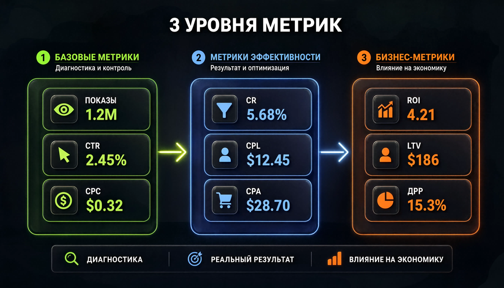 Инфографика трех уровней метрик: базовые (показы, CTR, CPC), эффективности (CR, CPL, CPA), бизнес-метрики (ROI, LTV, ДРР). Стрелки показывают переход от диагностики к реальному результату и влиянию на экономику.
