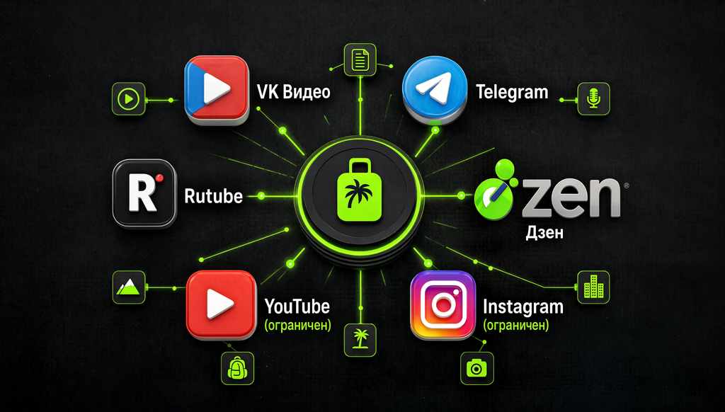 Инфографика карта платформ и форматов тревел-блогинга в России: VK Видео, Telegram, Rutube, Дзен, YouTube, Instagram