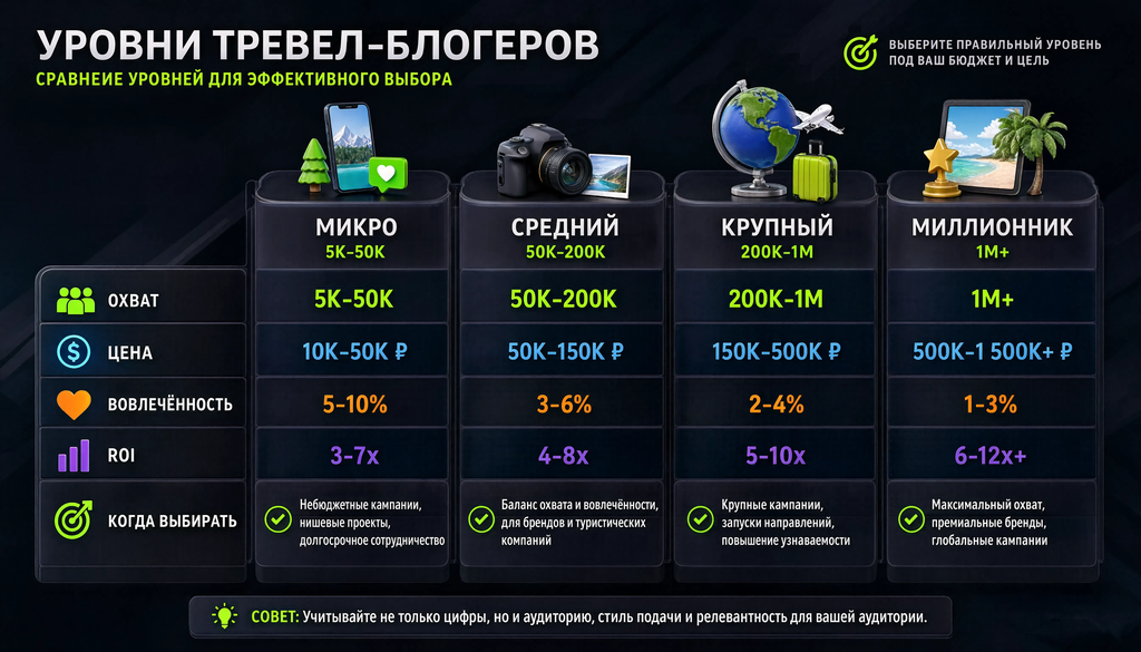 Сравнение уровней тревел-блогеров: микро (5К&ndash;50К), средний (50К&ndash;200К), крупный (200К&ndash;1М), миллионник (1М+) по охвату, цене, вовлечённости и ROI. Колонка &laquo;когда выбирать&raquo; помогает определить уровень под бюджет и цель.