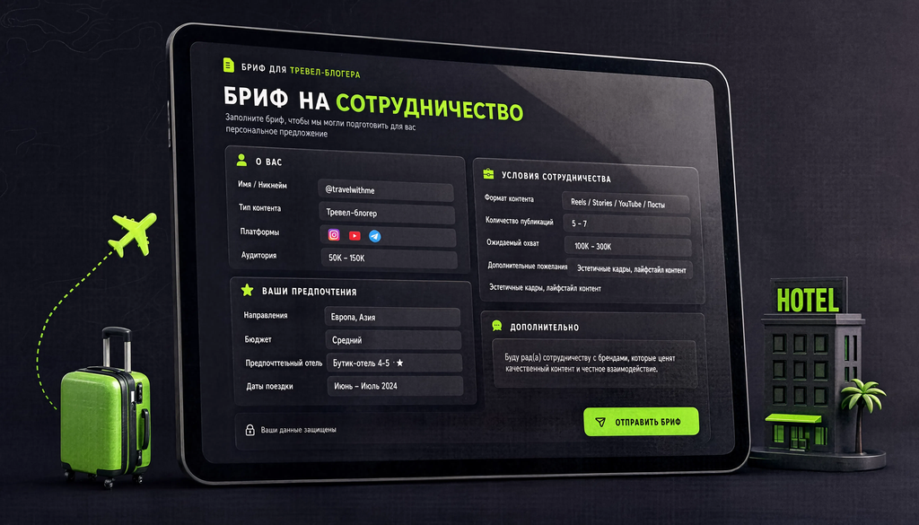 Пример заполненного брифа для тревел-блогера: структура, поля, заполнение для отеля и для туроператора