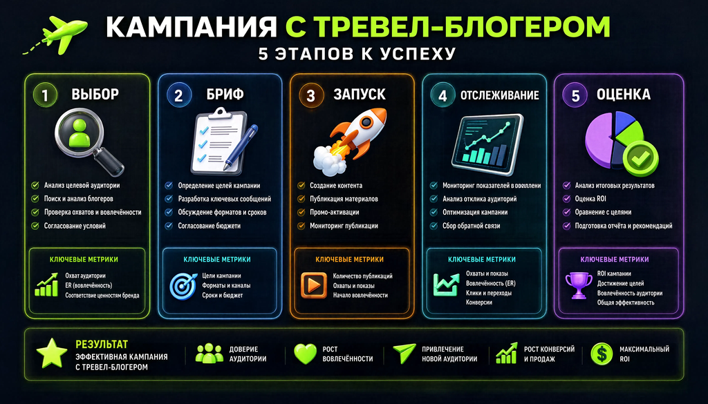 Инфографика схемы успешной кампании с тревел-блогером: 5 этапов от выбора до результата с ключевыми метриками и действиями