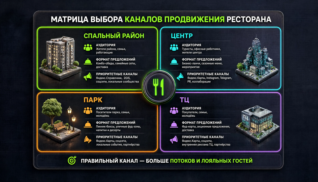 Матрица выбора каналов продвижения для ресторана в зависимости от типа локации: спальный район, центр, парк, ТЦ