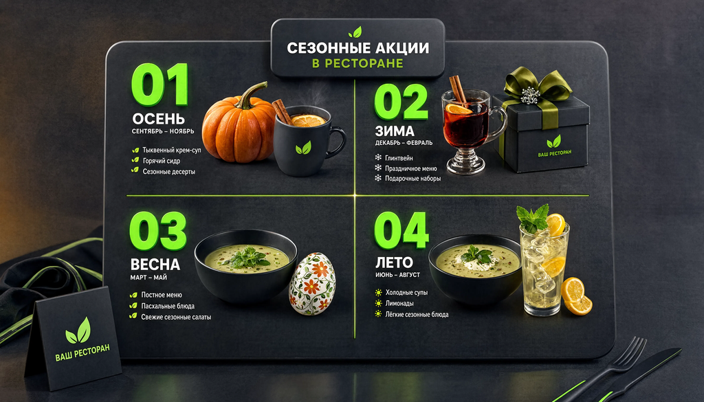 Годовой календарь сезонных акций для ресторана с блюдами по сезонам