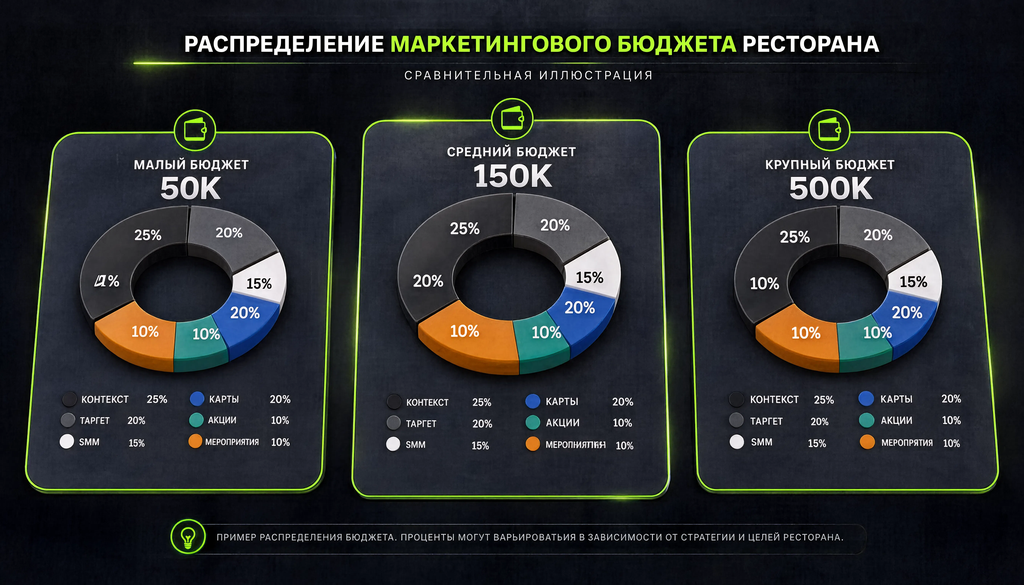 Три модели распределения маркетингового бюджета ресторана: малый, средний, крупный с долями каналов