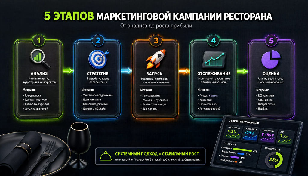 Цикл маркетинговой кампании ресторана: 5 этапов от анализа до оценки с ключевыми действиями и метриками