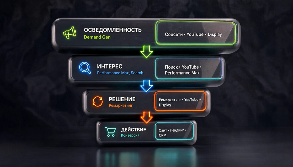 Схема воронки полного цикла работы с аудиторией: осведомленность (Demand Gen), интерес (Performance Max, Search), решение (ремаркетинг), действие (конверсия)