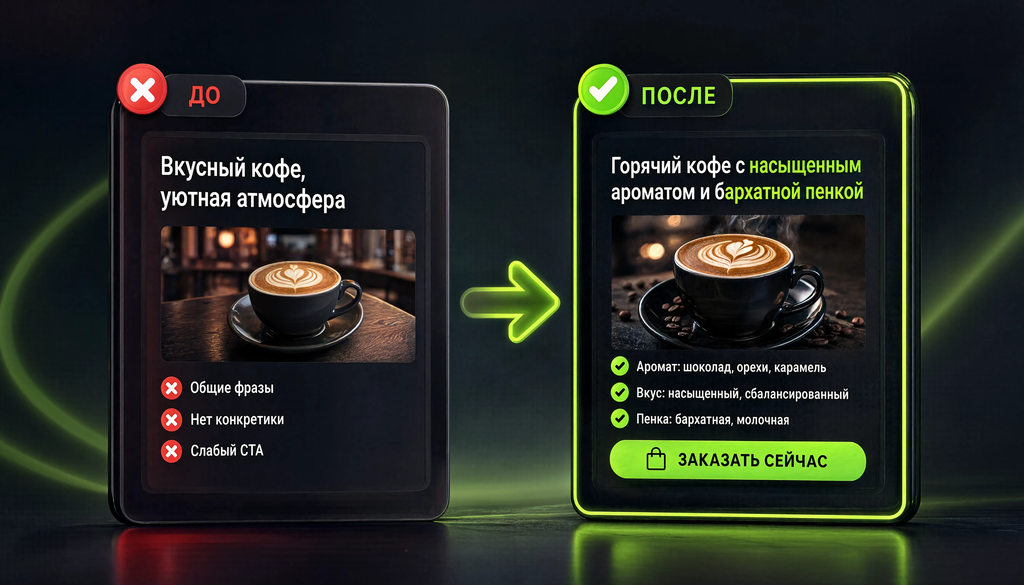 Сравнение плохого рекламного текста с клише и хорошего текста с сенсорными деталями и призывом к действию, показывающее разницу в подходах