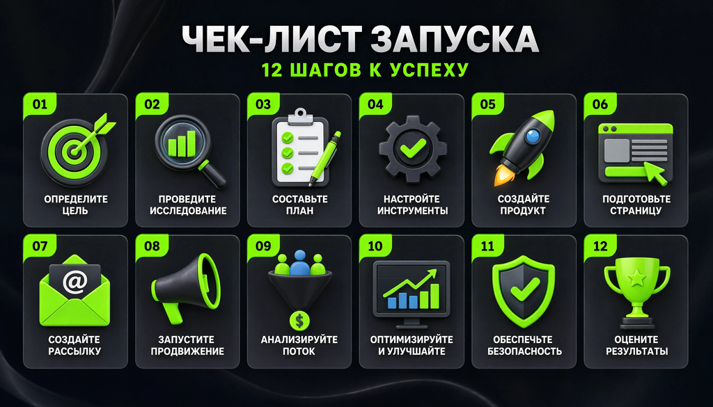 Чек-лист запуска в виде инфографики &mdash; 12 шагов с иконками. Упрощает запуск и работает как памятка.