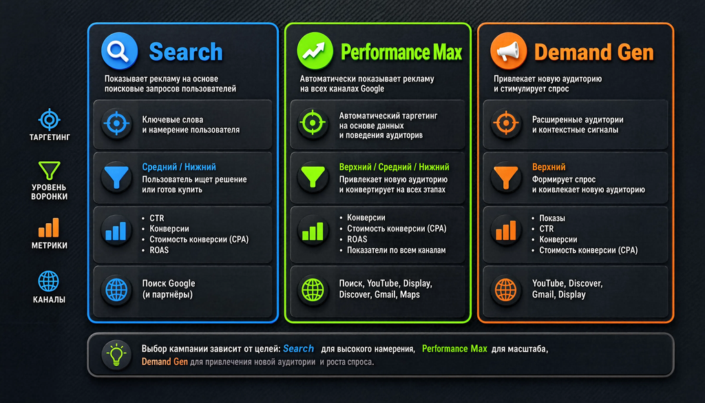 Сравнительная иллюстрация трех типов кампаний Google: Search, Performance Max и Demand Gen. Ключевые отличия по таргетингу, уровню воронки, метрикам и каналам с цветовым выделением.