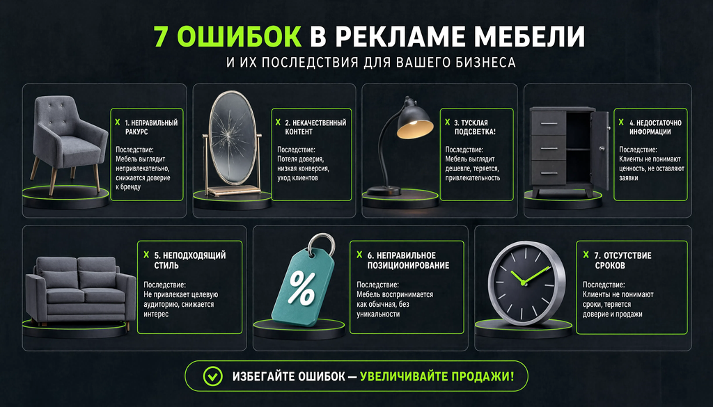 Инфографика: 7 типичных ошибок в рекламе мебели с иконками и последствиями. Чек-лист для самопроверки.