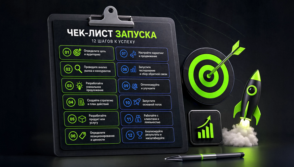 Чек-лист запуска в виде инфографики &mdash; 12 шагов с иконками