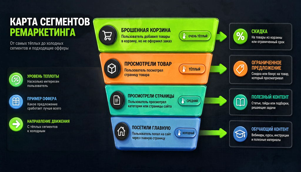 Карта сегментов ремаркетинга от тёплых до холодных аудиторий с примерами офферов для каждого сегмента