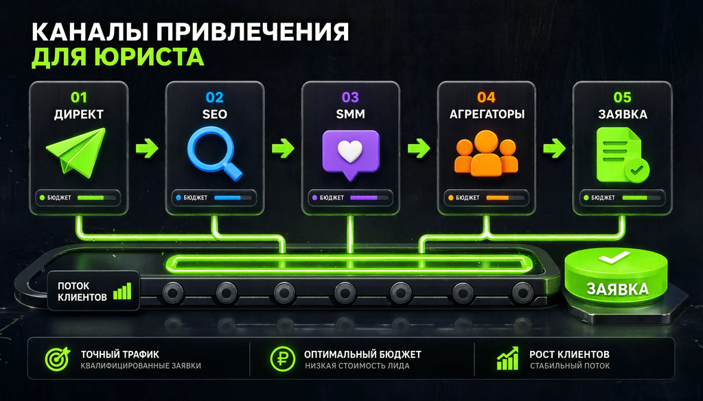 Схема каналов привлечения для юриста: Директ, SEO, SMM, агрегаторы, заявка. Помогает выбрать каналы под бюджет.