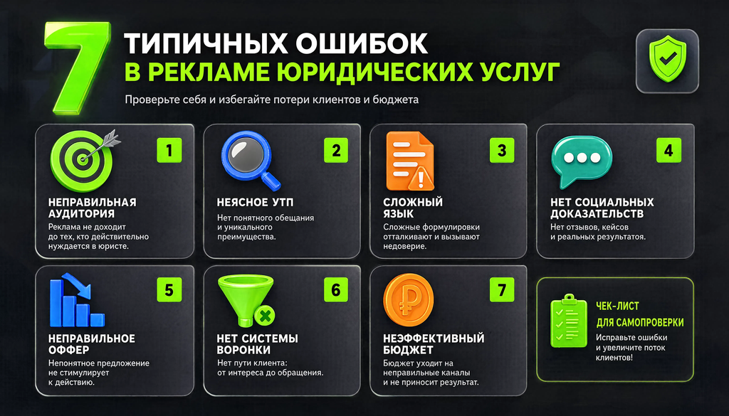 Инфографика: 7 типичных ошибок в рекламе юридических услуг с иконками и последствиями, чек-лист для самопроверки