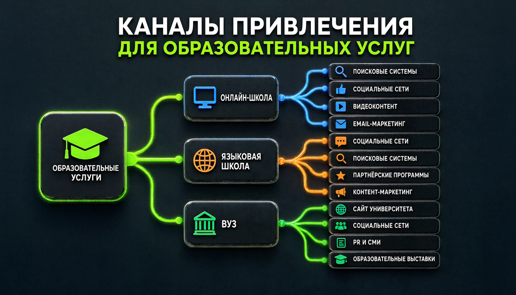 Инфографика: схема каналов привлечения для образовательных услуг (онлайн-школа, языковая школа, вуз)