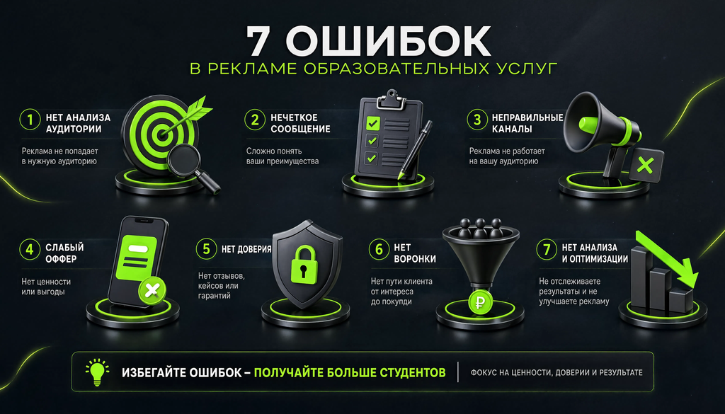 Инфографика: 7 типичных ошибок в рекламе образовательных услуг с иконками и последствиями, чек-лист для самопроверки