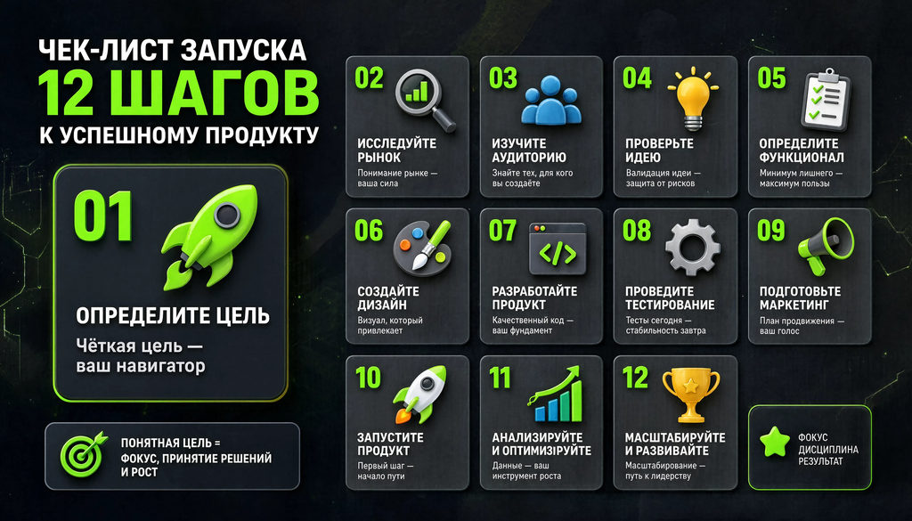 Инфографика чек-лист запуска из 12 шагов с иконками