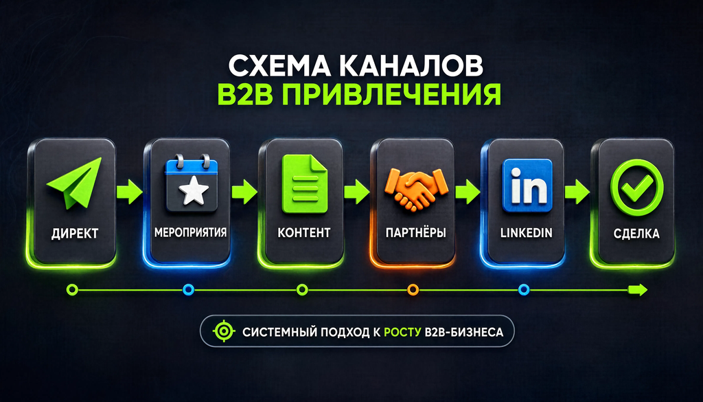 Схема каналов B2B привлечения: Директ, мероприятия, контент, партнёры, LinkedIn, сделка. Инфографика для выбора каналов под тип бизнеса.