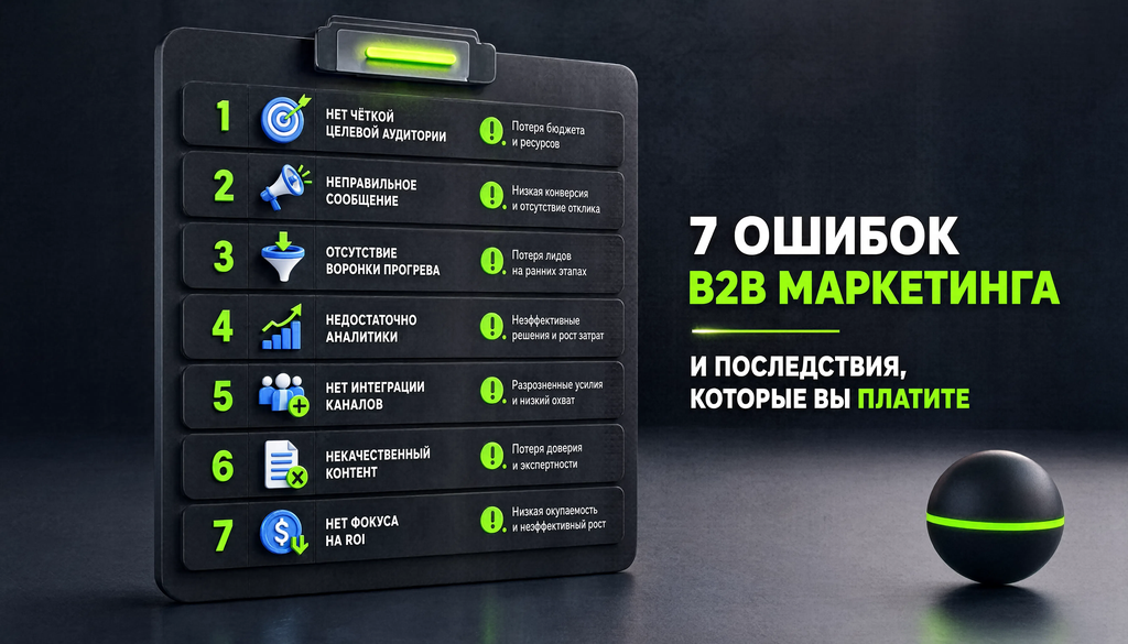 Инфографика: 7 типичных ошибок в B2B маркетинге с иконками и последствиями, чек-лист для самопроверки