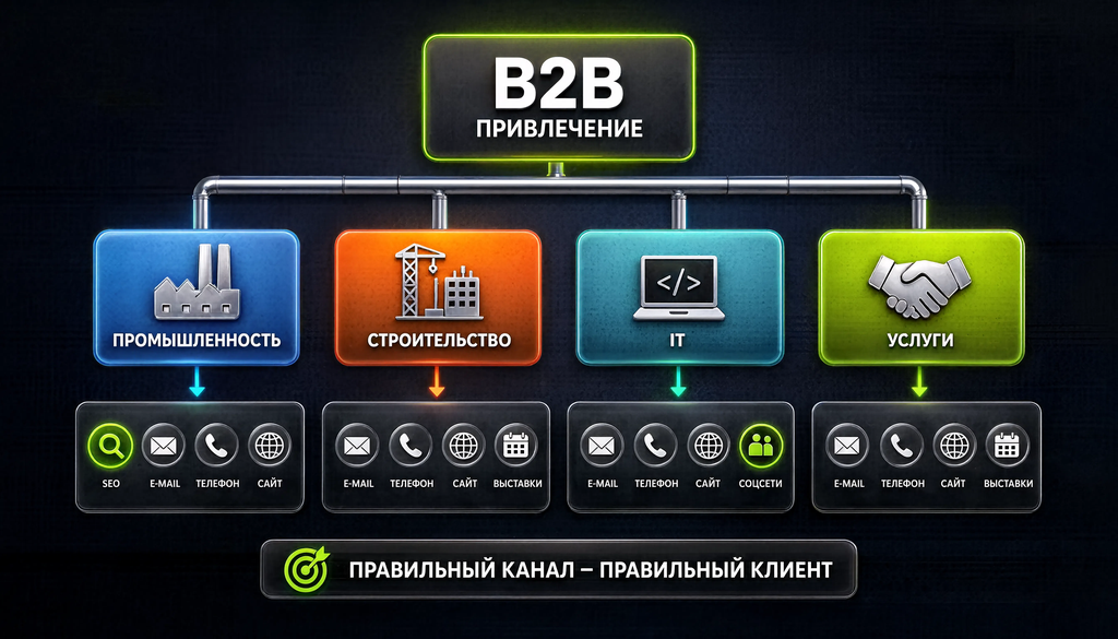 Схема каналов B2B-привлечения по отраслям: промышленность, строительство, IT, услуги. Инфографика для выбора каналов под отрасль.