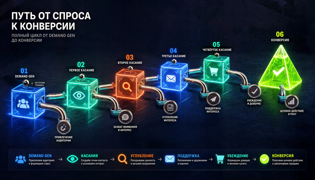 Пошаговая схема полного цикла от Demand Gen до конверсии: касание на YouTube/Discover, сбор аудитории на сайте, ремаркетинг на других сайтах и в поиске, конверсия