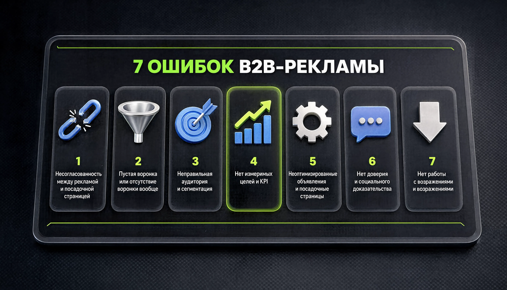 Инфографика: 7 типичных ошибок в рекламе B2B-компаний с иконками и последствиями. Чек-лист для самопроверки.