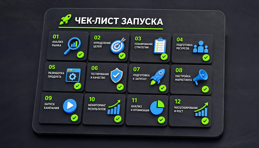 Инфографика чек-лист запуска из 12 шагов с иконками, упрощает запуск и служит памяткой