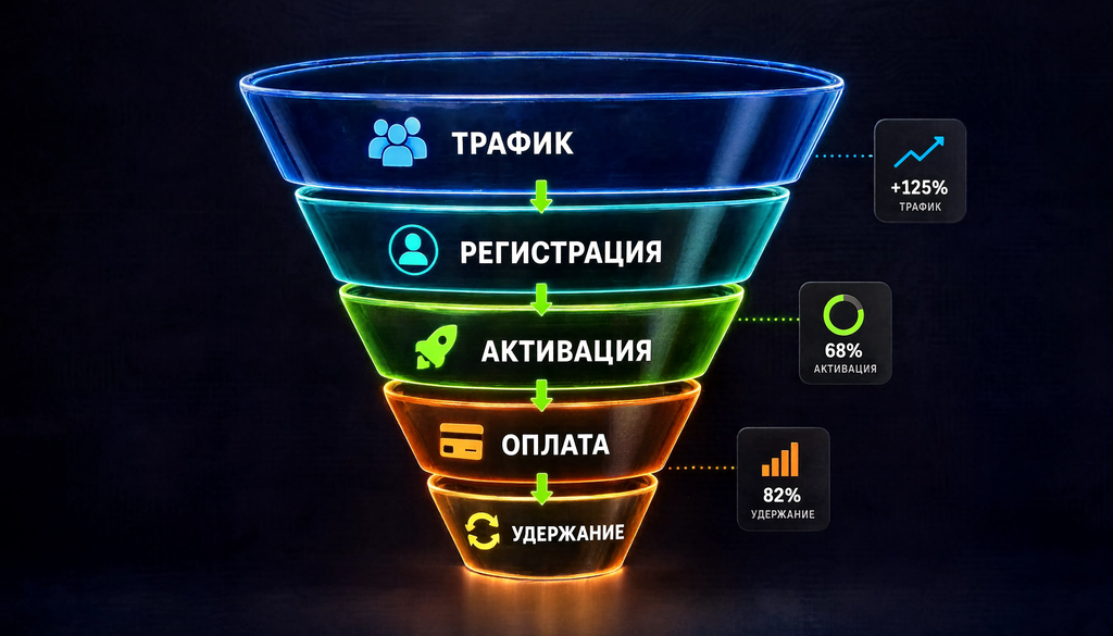 Инфографика воронки продвижения цифрового продукта: трафик, регистрация, активация, оплата, удержание