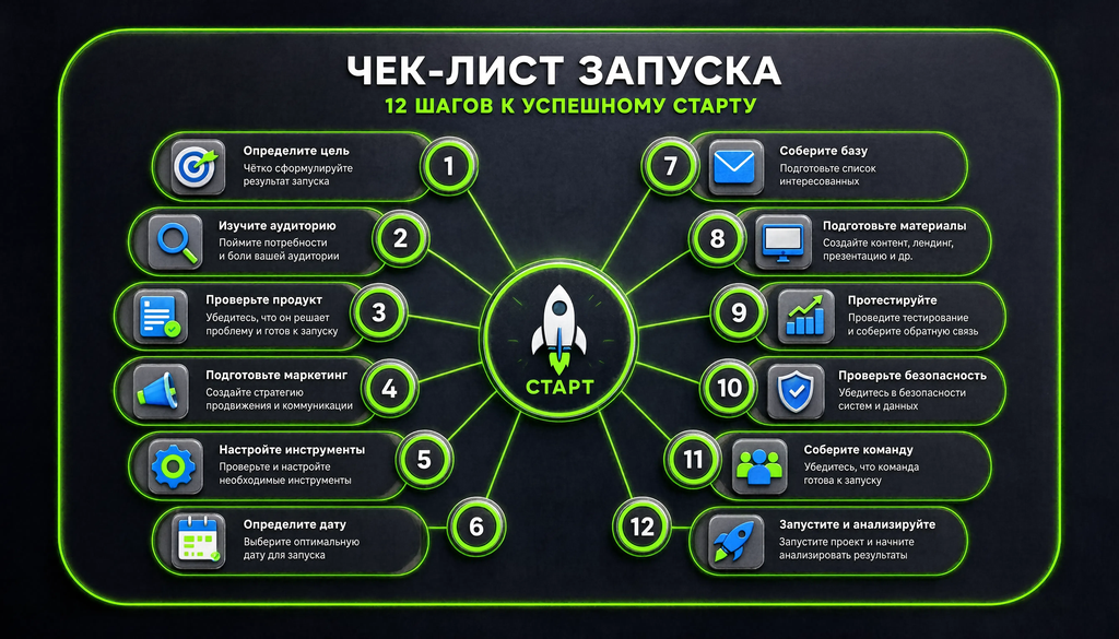Чек-лист запуска инфографика 12 шагов с иконками