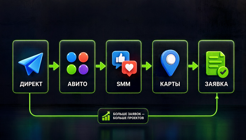Схема каналов привлечения клиентов для ремонтных услуг: Директ, Авито, SMM, Карты, заявка. Помогает выбрать каналы под тип ремонта.