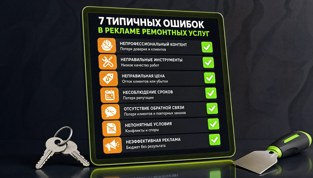 Инфографика: 7 типичных ошибок в рекламе ремонтных услуг с иконками и последствиями. Чек-лист для самопроверки.