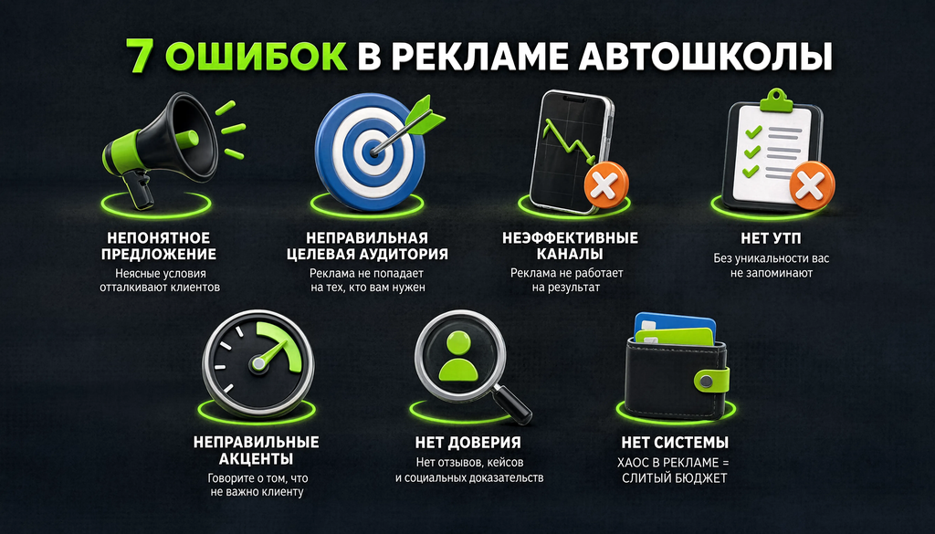 Инфографика: 7 типичных ошибок в рекламе автошколы с иконками и последствиями, чек-лист для самопроверки