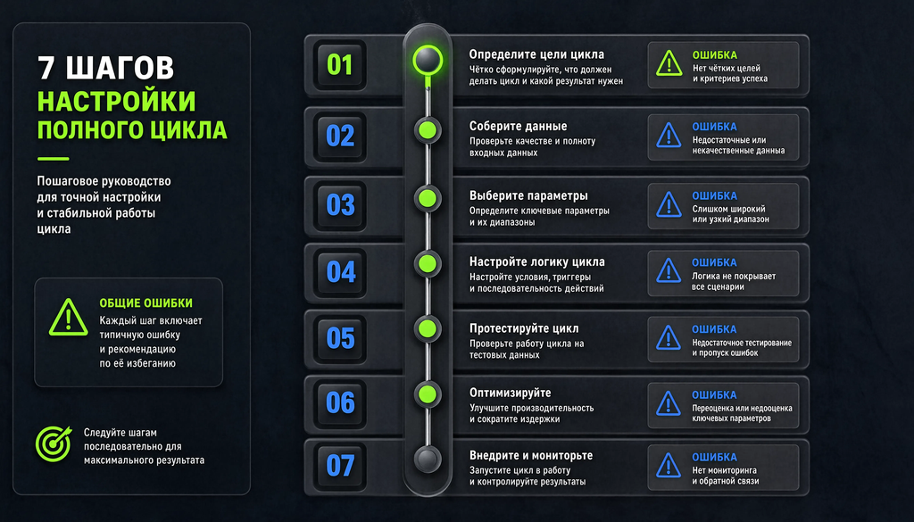 Инфографика: 7 шагов настройки полного цикла в виде вертикальной timeline-схемы с подписями действий и отметками типичных ошибок