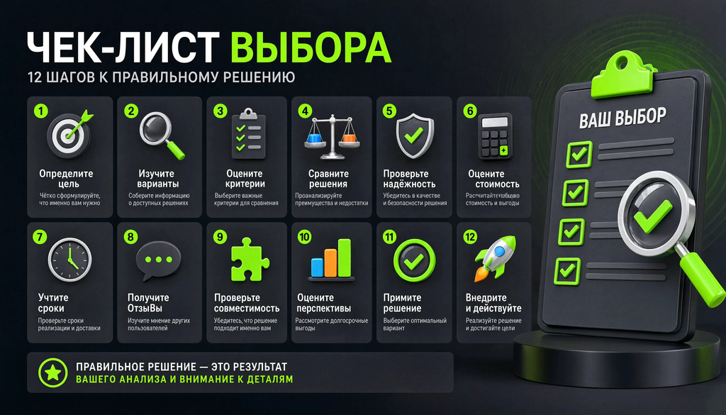 Инфографика чек-лист выбора из 12 шагов с иконками