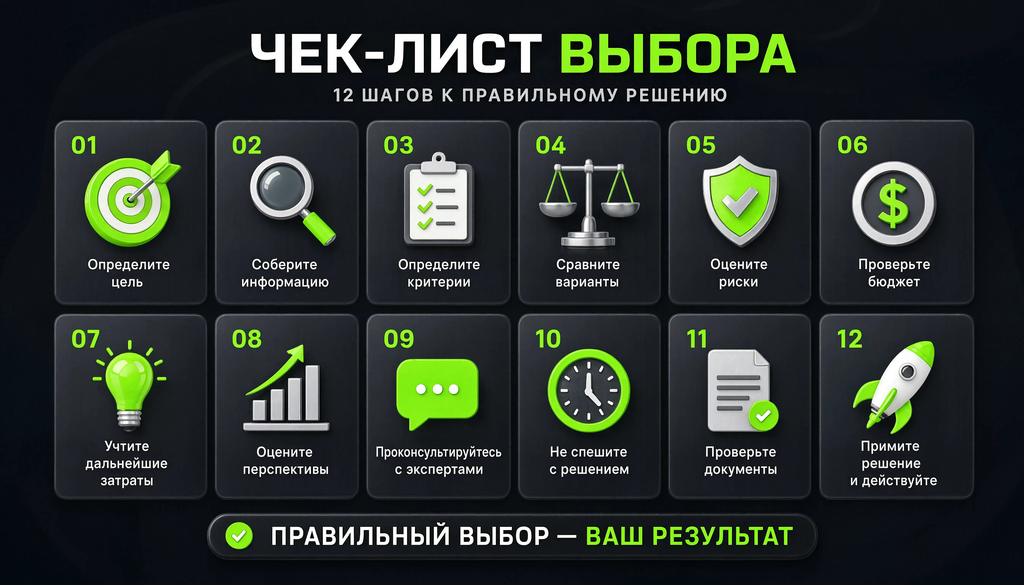 Чек-лист выбора в виде инфографики &mdash; 12 шагов с иконками. Упрощает выбор и работает как памятка.