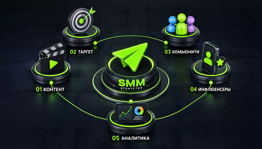 Infographic diagram of SMM agency services: content, targeting, community, influencers, analytics.