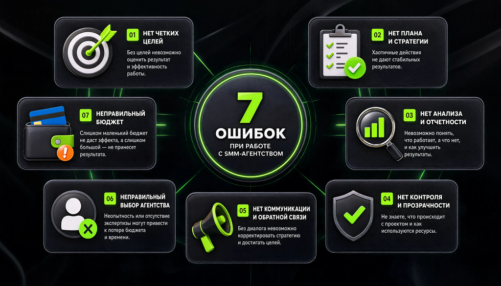 Инфографика: 7 типичных ошибок при работе с SMM-агентством с иконками и последствиями, чек-лист для самопроверки