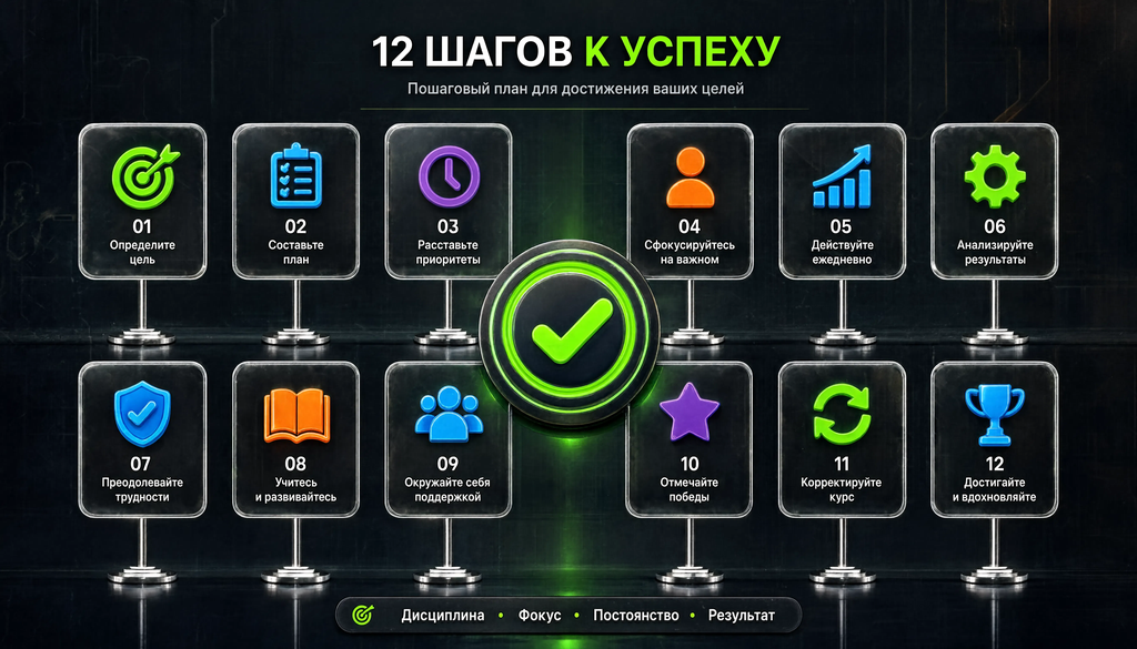 Инфографика чек-лист выбора из 12 шагов с иконками, упрощает выбор и служит памяткой