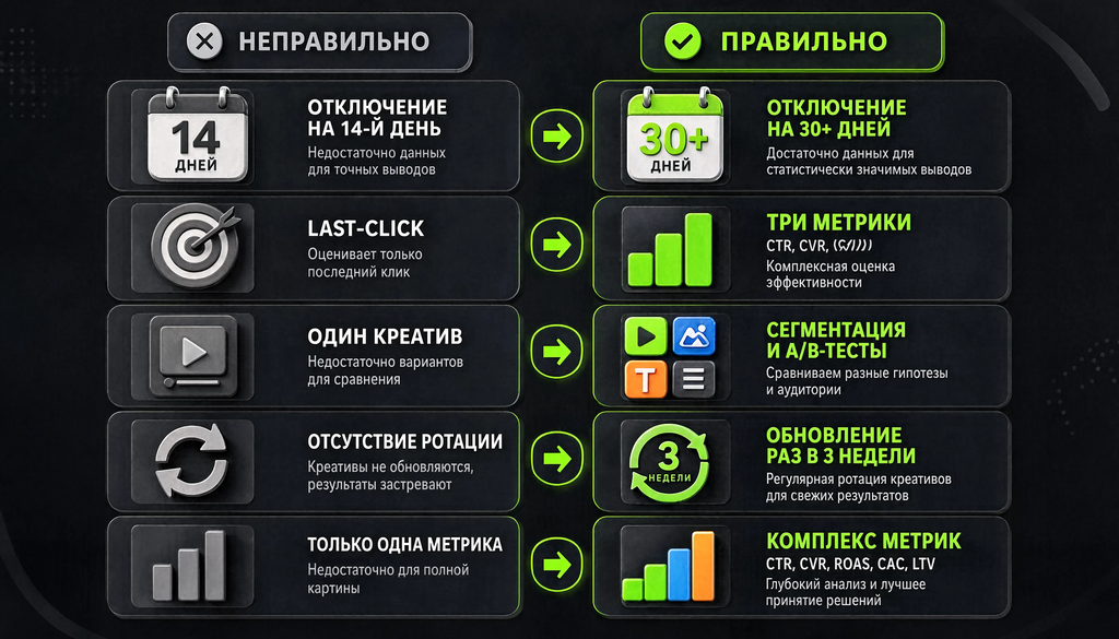 Сравнительная иллюстрация типичных ошибок в тестировании рекламы: неправильные и правильные подходы