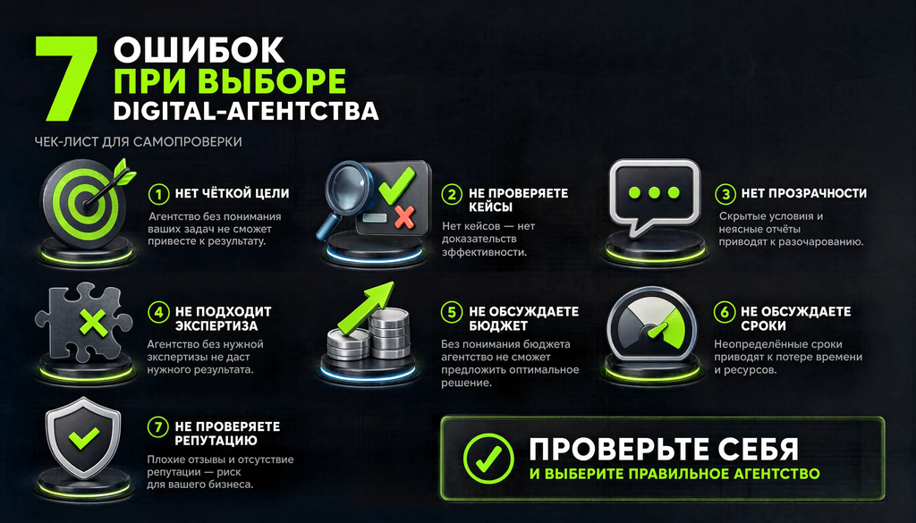 Infographic checklist of 7 typical mistakes when choosing a digital agency, with icons and consequences