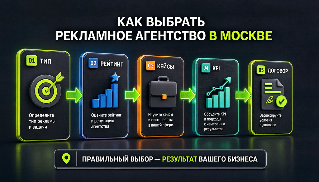 Инфографика: схема выбора рекламного агентства в Москве по типу, рейтингу, кейсам, KPI и договору.