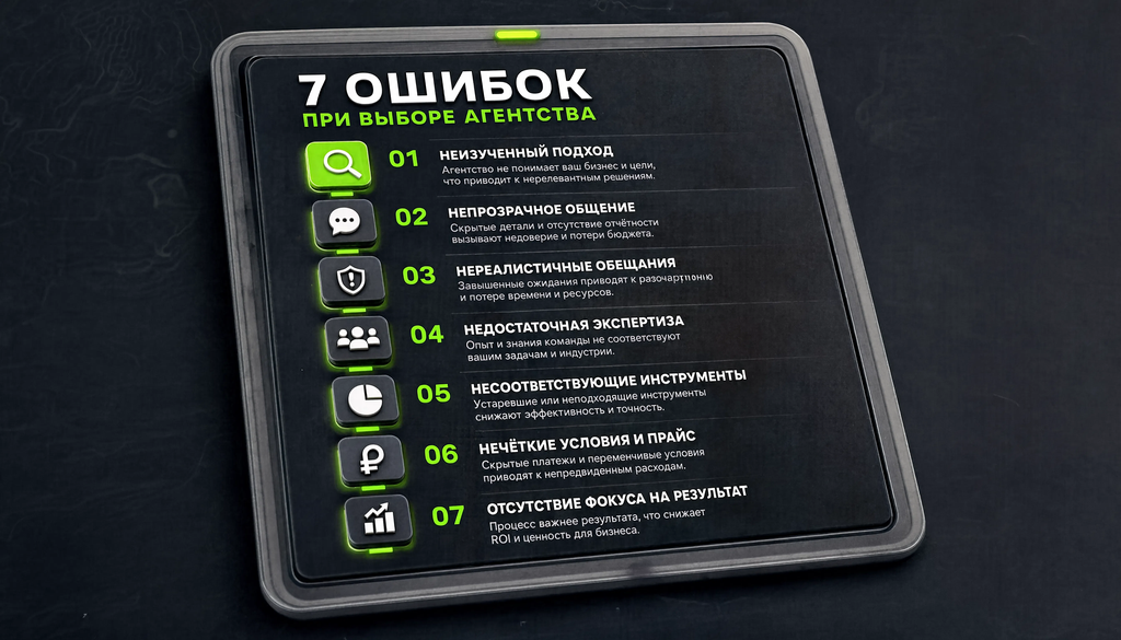 Инфографика: 7 типичных ошибок при выборе агентства с иконками и последствиями, чек-лист для самопроверки